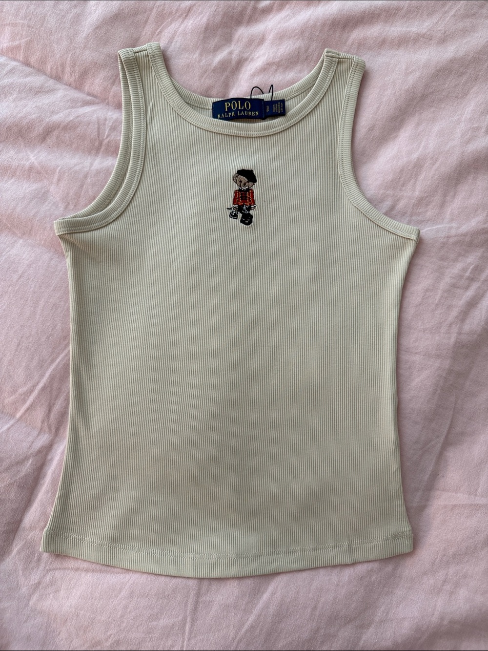 Polo by Ralph  Cream Ribbed Tank Top with Bear Embroidery